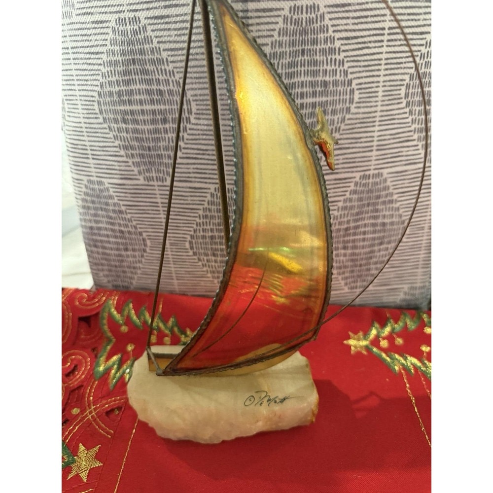 SIGNED DE'MOTT  Sailboat Sculpture Mid Century Brass Metal Quartz Onyx Nautical